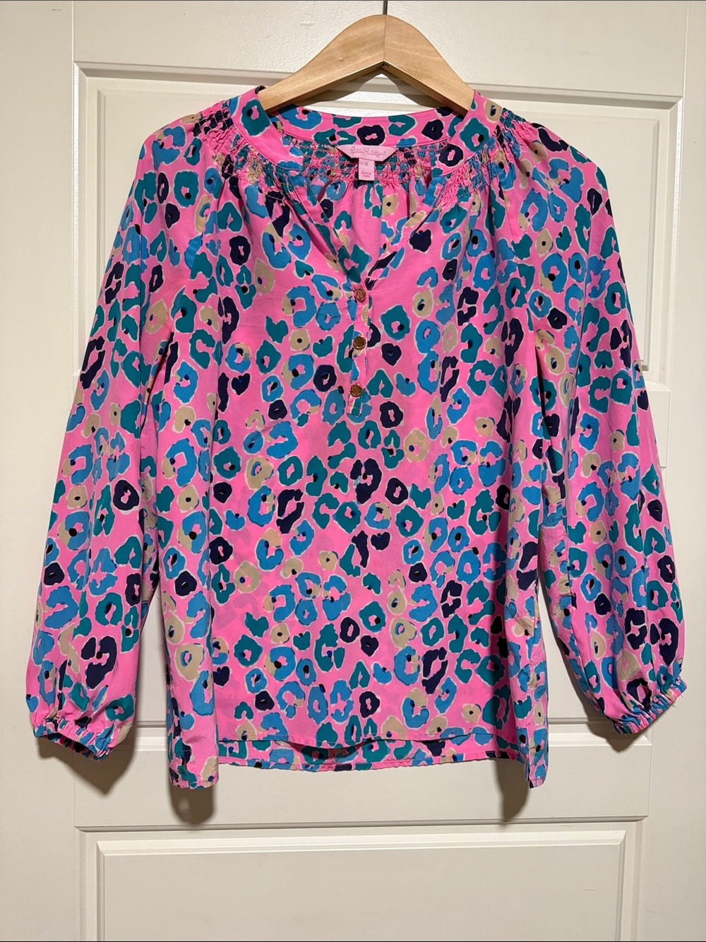 Lilly Pulitzer Elsa Hot Pink Leopard-Print Peasant Blouse with Teal & Navy Spots